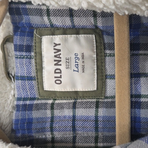 Old Navy Army Green, Flannel Lined Button Up Jacket with Sherpa Collar Size L - Picture 2 of 6
